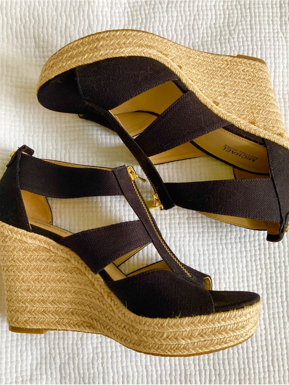 Michael Kors Black Canvas Espadrille Wedge Sandals with Jute Platform